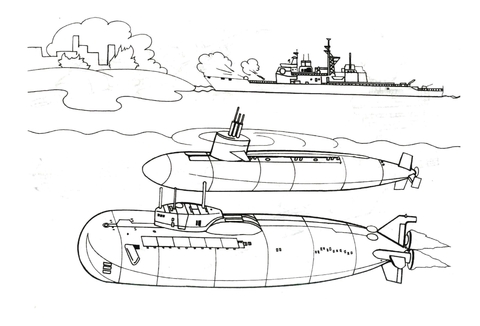 Two Submarines And Warship Coloring Page